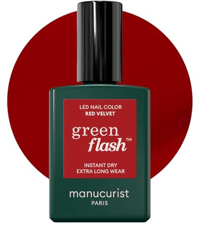 Manucurist Green Flash Red Velvet Deep Red LED Gel Nail Polish | LED gel polish and semi-permanent nail varnish, UV nail lamp compatible. 12-free, bio-sourced, vegan, Made in France, 15 ml
