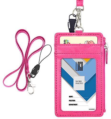 Wisdompro Porta Badge Pelle, Porta Badge da Collo con Cerniera con 50 cm Portachiavi Collo, 1 Finestra Trasparente, 4 Slot per Schede, Gancio Girevole Portachiavi, Rosa Caldo (Verticale)