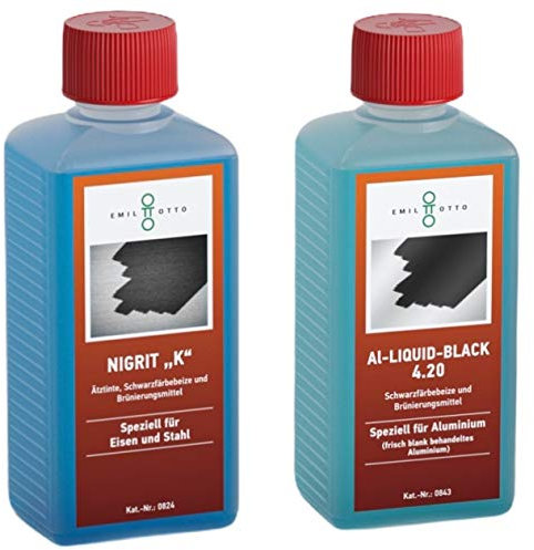 Brünier-Set: 250 g NIGRITK, Kaltbrünieren - Schwarzfärben von Eisen u. Stahl + 250 g AL-Liquid-Black 4.20, Schwarzfärbemittel von Aluminium - Schwarzfärben von frisch behandeltem Aluminium
