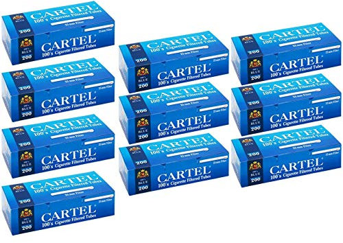 CARTEL Blue 100s Filter Leere weiße Tuben mit langen Spitzen, 200 Stück pro Packung, Premium-Papier, Dual Silver Ring, 200 Stück pro Box