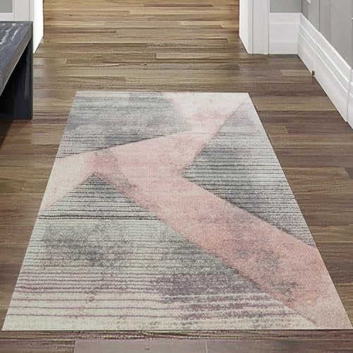 Teppich-Traum Tappeto Moderno Corridoio Soggiorno Disegno Astratto A Strisce Rosa Grigio Verde Facile Cura Größe 80x150 cm
