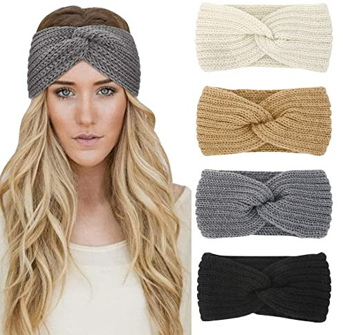 4 Stück Stirnband Damen Winter Gestrickt Frauen Haarreifen Haarbänder Breit Ohrenwärmer Häkelarbeit Elastische Haarschmuck
