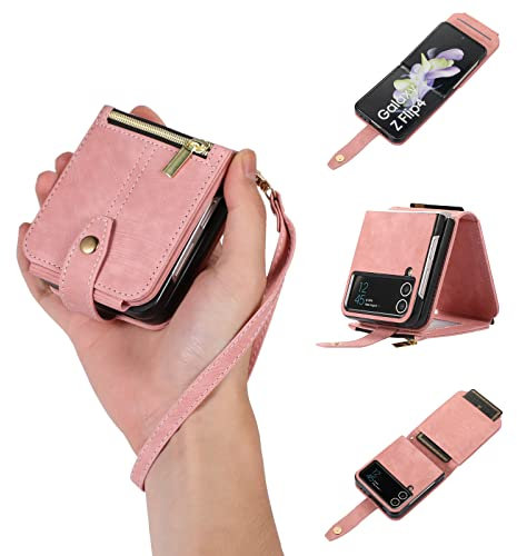 UEEBAI Étui pour Samsung Galaxy Z Flip 4 5G, Premium Portefeuille Cuir PU Rétro Rabat Housse avec Dragonne Fentes Cartes Fonction Support Fermeture Magnétique Protection complète - Vintage Or Rose