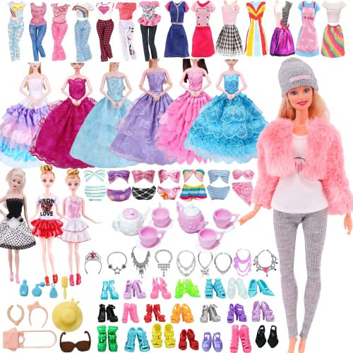 51 Stück Kleidung für Puppen und Accessoires, inklusive 4 Winter-Outfit, 1 Hochzeitskleider, 8 modische Röcke, Tops, Hosen, Bikinis, 6 Halsketten, 12 Teesets für 29.8 cm olls(Rand) OM