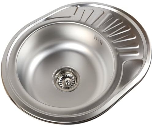 ANW HOME Küchenspüle Edelstahl mit Abtropffläche 57x45 cm mit Siphon, Spüle Küche, Waschbecken Klein Rund, Spülbecken Küche, Spüle Spülbecken Edelstahl, Kitchen Sink Satin