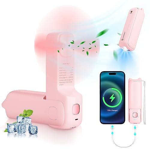 JYPS Handheld Fan, 3 in 1 Mini Portable Hand Fan, USB Rechargeable Fan with Power Bank & Flashlight Feature, Battery Operated Fan (12-24Working Hours), Small Pocket Fan for Women/Kids/Travel (Pink)