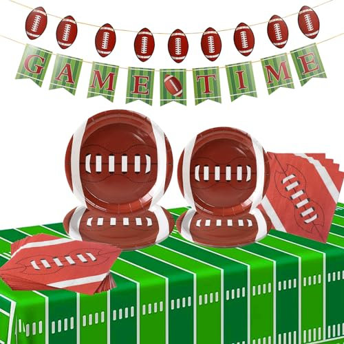 Patimate Football Party Decorations Including Paper Plates, Napkins, Tablecloth, Banner for Football Party Supplies Game Time Birthday Party Favors Super Bowl Party Décor