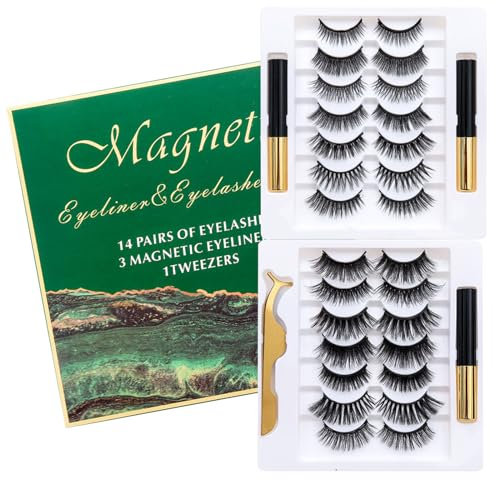 Joyeee Magnetische Wimpern mit Eyeliner, 14 Paar wiederverwendbare künstliche Wimpern, 3D-natürlich aussehende Cluster, einzelne Wimpern-Set mit Applikator, kein Kleber, DIY-Wimpernverlängerungs-Set