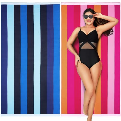 Winthome Beach Towel, Extra Large Microfibre Beach Towel for Adult, Double Sides Sand Free Quick Dry lightweight Travel Swimming Towel(Bule + Pink, 90×180cm - 2 pack)
