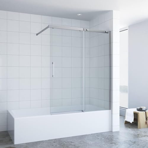 Badewannenaufsatz Schiebetür Glas chrom 110x150 cm, 6 mm Einscheiben-Sicherheitsglas (ESG) mit Nanobeschichtung, mit Verstellbereich, inkl. Wandverstrebung