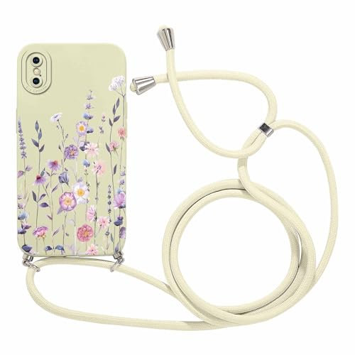 Foonary Handykette Handyhülle für Apple iPhone X 5,8, Aesthetic Muster Hülle mit Band Kette Case, Silikon Bumper Schutzhülle Necklace Cover mit Schnur Kordel zum Umhängen für iPhone X, Blumen 02