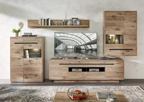 möbelando Wohnwand >Bellano< in Viking Oak Dekor, MDF, Spannplatte - 346x202x44cm (BxHxT)