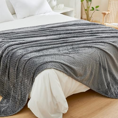 Rendile - Coperta in pile di flanella, grande, 200 x 230 cm, king size, 300 g/m², morbida trama jacquard con foglie, lussuosa, per letto e divano, grigio