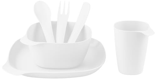 Go Practic Camping Geschirr Set 6 Personen Becher Schüssel Teller Besteck Polypropylen BPA Frei Weiß