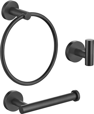TURS Bathroom Hardware Accessories Set,Towel Hook Toilet Roll Holder Towel Ring, Wall Mounted Toilet Paper Holder, 3 Pieces Classic Stainless Steel Bath Accessory Hooks, Matte Black