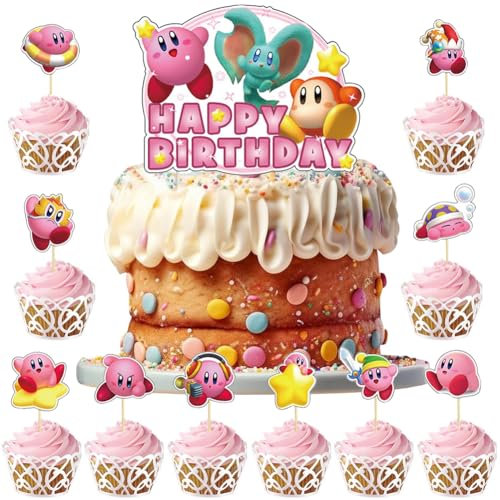 HGSHUO Tortendeko für Kirby Kuchen Deko Geburtstag Torte Deko Kindergeburtstag Cake Topper Happy Birthday Cupcake Topper für Kirby Kuchendeko Geburtstagsdeko 41 Stück