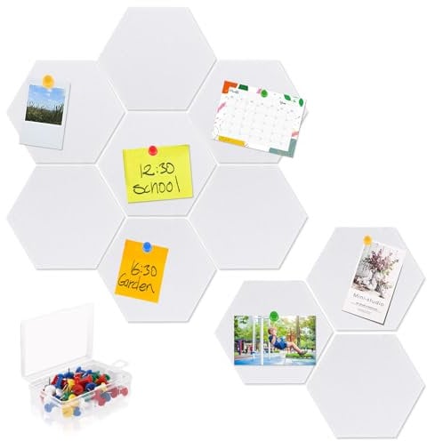 APACALI 10 Pack Felt Board Tiles, 20 x 17cm Self Adhesive Pin Board with 50PCS Pins, 9mm Thick Felt Notice Board Tiles, White Cork Board for Photos Drawing Memos, Hexagonal