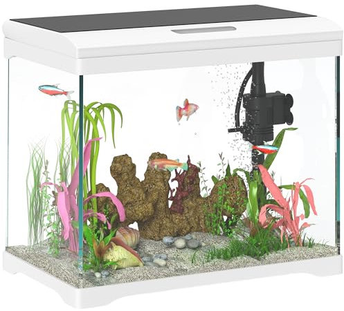 PawHut 17L Fish Tank, Glass Aquarium with Filter System, LED Light, Water Pump, Fish Tank Starter Kits for Betta, Goldfish, Shrimps, White