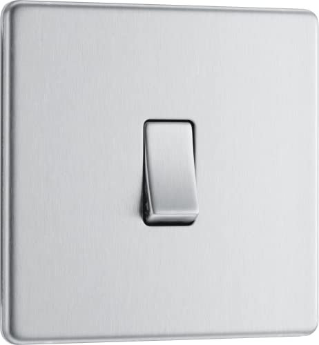 BG Electrical Single Intermediate Wall Light Switch, Screwless Front Plate, Slim Profile, Premium Flatplate, Brushed Steel, 20A, 16AX, FBS13