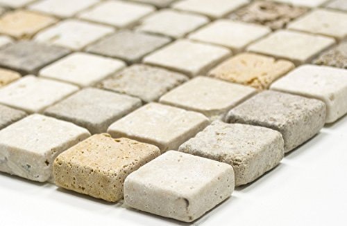 Mosaik Quadrat Travertin Mix Tumbled Travertin Naturstein Küche, Mosaikstein Format: 23x23x10 mm, Bogengröße: 305x305 mm, 1 Bogen/Matte