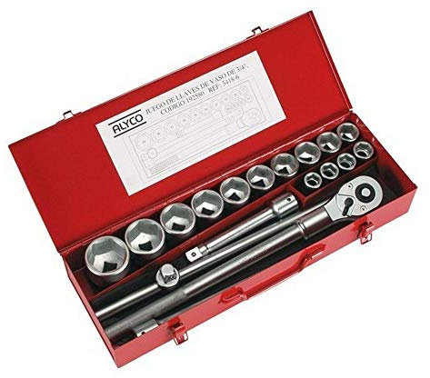 Alyco 192580 - Juego 18 piezas llaves de vaso 3/4 une 16507 DIN 3124 Cr-V cromado mate en maletin metalico