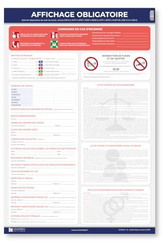 Panneau Unique d'Affichage Obligatoire en Entreprise - Conforme au Droit du Travail - Kit de Fixation OFFERT - Format A2 - Plastifié deux faces et Effaçable - Édition 2025 - LEGIMEDIA ÉDITIONS