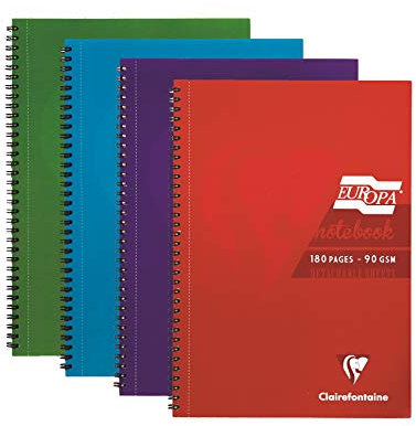 Clairefontaine Europa 5804Z Notizbücher mit Spiralbindung, strapazierfähig, heller und glänzender Einband, liniert, A4-Format und mikroperforierte Seiten, 4 Stück,