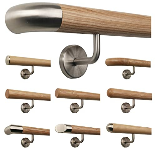 TIBU Esche Holz Handlauf Geländer 0,3m - 6m, Länge 180 cm, Ende Edelstahlbogen und 3 gewinkelte Halter