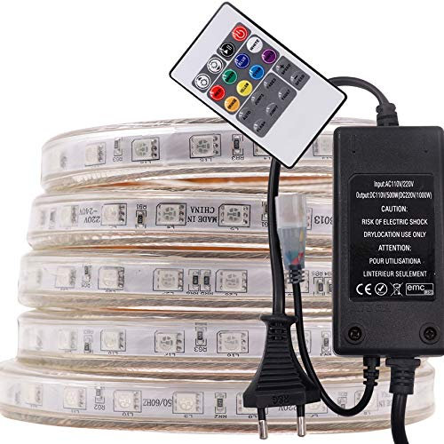 XUNATA 16M 220V RGB 5050 SMD 60leds / m IP67 Wasserdicht,Kein Selbstklebender,Flexibles LED Lichtschlauch mit 20 Key Fernbedienung für Küche Stairway Home Weihnachten Party Deko (16M)