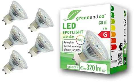 greenandco 5x GU10 LED Spot | 5W 320 lm | 2700K warmweiß | 110° | 230V | CRI 97+ | flimmerfrei | nicht dimmbar