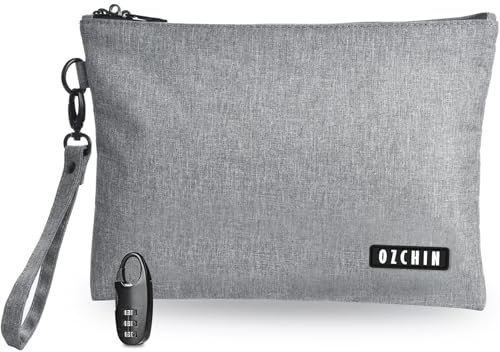 OZCHIN Geruchsdichte Tasche mit Zahlenschloss, Geruchssicherer Beutel, Kohlenstoff Auskleidung, Zertifikate und Medizin Organizer, Reisetasche, Männer Frauen (28 x 20 cm) - Grau