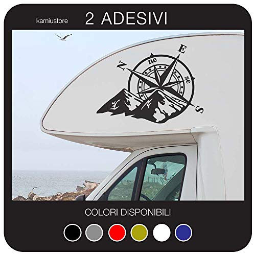 Adesivo Rosa dei venti su montagne per camper in vinile prespaziato - Set 2 adesivi - Kamiustore (Nero, Grande 60x44 cm)
