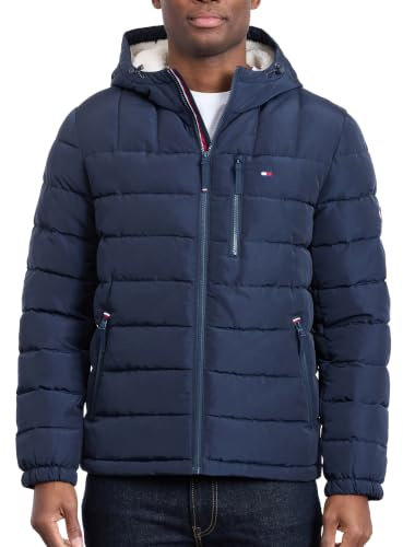Tommy Hilfiger mittelschwere wasserabweisende Pufferjacke für Herren mit Sherpa-Futter und Kapuze