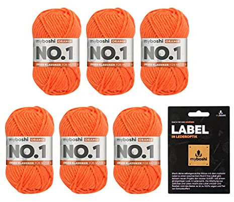 myboshi No.1 Wolle zum Häkeln und Stricken, Schnellstrickgarn, langlebige Mützenwolle, Strickwolle, Häkelwolle, mulesing-frei, Ll. 55m /50g, 30% Wolle (Merinowolle) Orange (Orange) 6 Knäuel
