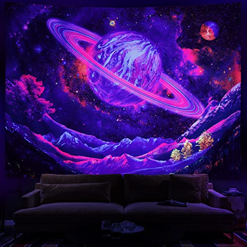 Leofanger Schwarzlicht-Tapisserie UV-reaktiver Planetentapisserie Galaxie Weltraum Trippy Mountain Tapisserie Sternenhimmel Wandbehang für Heimdekoration (150,1 x 199,9 cm)