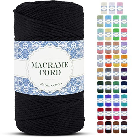 Uiopa Makramee Garn 4mm x 200m Natürliche Baumwollkordel Baumwollseil Baumwollgarn Baumwollschnur, Macrame Cord 4mm für DIY Basteln Stricken Wandbehang Pflanze Aufhänger Boho Deko (Schwarz)
