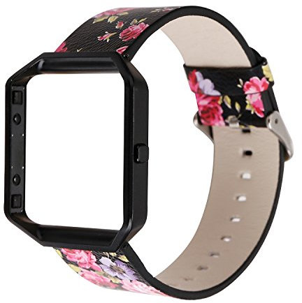 AsohsEN Bracelet de rechange en cuir souple véritable avec cadre en métal pour montre connectée Fitbit Blaze (noir rose + noir)