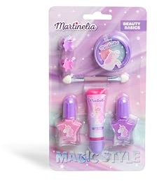 Martinelia Indispensables Beauté Maquillage Enfant Licorne - Gloss Brillant à Lèvres Fraise, Vernis à Ongles Métallisés, Fards à Paupières, Pinceau, Pinces - Kit Maquillage Fille Sans Produits Nocifs