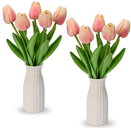 Kunstblumen Künstliche Tulpen Blumen Wie Echt Real Touch Tulpen, Höhe 30 cm, mit Vase aus Keramik, Deko Kunstpflanze (Light Rosa)