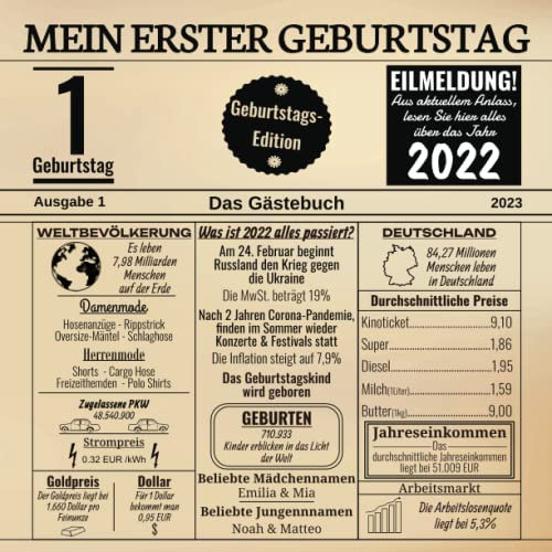 Mein Erster Geburtstag Das Gästebuch: Zum 1 Geburtstag 2023 / Geburtsjahr 2022 / Zeitung Design Mit Ereignissen Im Jahre 22 / Geschenk Und ... Glückwünsche Und Fotos / Geburtstagszeitung