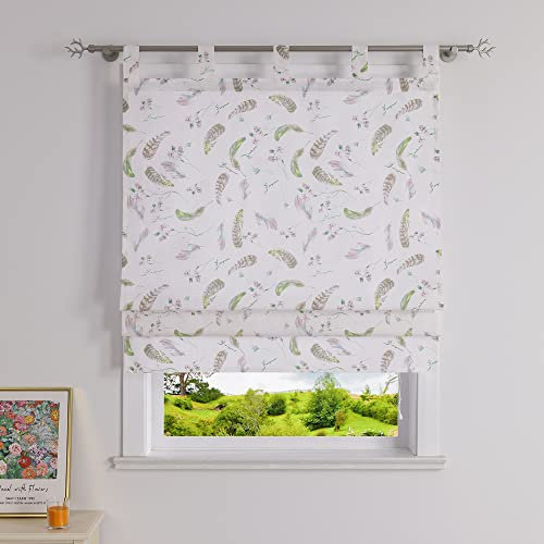 Heichkell Raffrollo ohne Bohren mit Farbige Blumen- und Federmuster Halbtransparenter Vorhang Druck Design Gardine Landhaus Raffgardine mit Schlaufen BreitexHöhe 100x140 cm