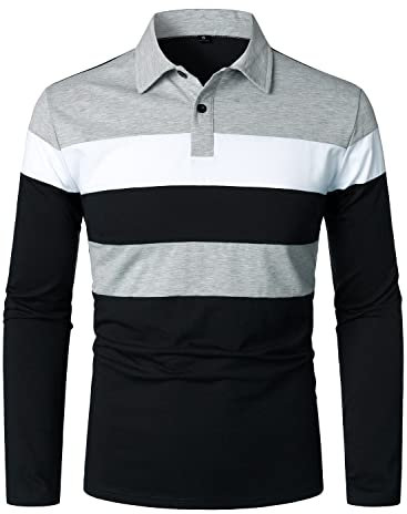 HOOD CREW Men's Color-Block Long Sleeve Casual Polo Shirt Striped Golf Tops Black
