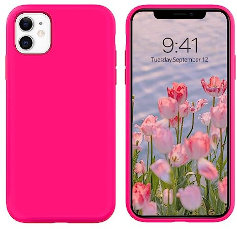 DOMAVER Case for iPhone 11 Case Slim Liquid Silicone Lightweight Smooth Soft Gel Rubber Microfiber Lining Cushion Texture Cover Shockproof Protective Phone Cases for iPhone 11 6.1 Inch 2019, Hot Pink