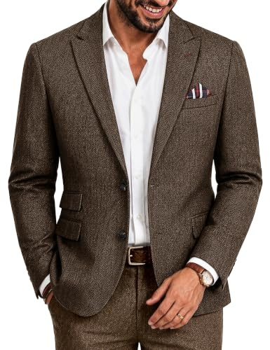Men's Herringbone Tweed Blazer 2 Button Wool Blend Sport Coat Jacket Brown Herringbone XL