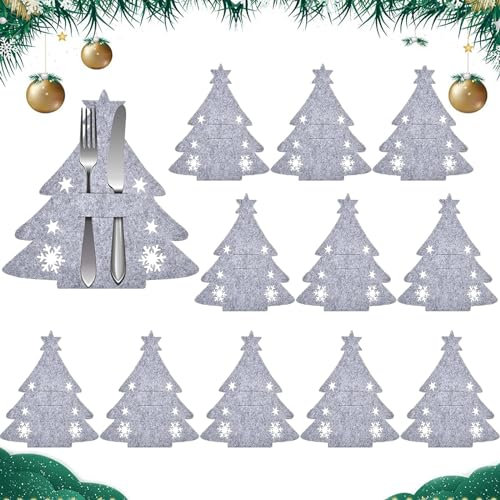 Cestas para Cubiertos de Fieltro Navideño,12 Pcs Bolsas Cubiertos de Navidad,Porta Cubiertos Navideños,Portacubiertos Árbol de Navidad Titulares,para Fiesta Mesa Cena Cocina Decoración (Fresno)