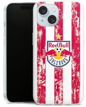DeinDesign Slim Case extra dünn kompatibel mit Apple iPhone 15 Silikon Handyhülle transparent Hülle FC Red Bull Salzburg Streifen Offizielles Lizenzprodukt