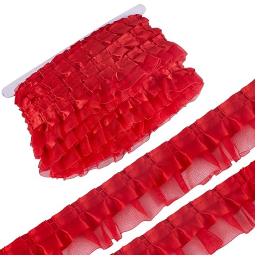 GORGECRAFT 20m 2-Lagiges Organza-Spitzenband Plissierter Satin-Spitzenkantenbesatz 40mm Breit Roter Rüschen-Chiffon-Kantenbesatz Tüllstoff Für Stoffapplikationen Verzierung DIY Nähen Basteln