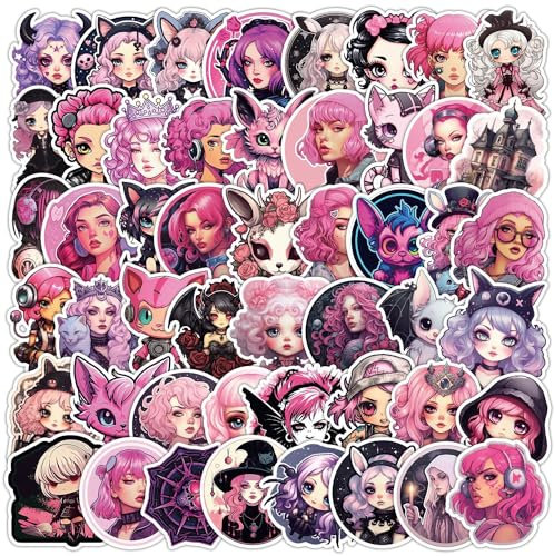 50 Stück niedliche rosa Gothic-Mädchen-Aufkleber, wasserdicht, Cartoon-Anime-Aufkleber für Laptop, Skateboard, Snowboard, Hydroflasche, Wasserflasche, Gepäck, Fahrrad, Gitarre, Auto, Vinyl, trendiger