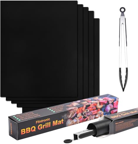 Flintronic Tapis de Cuisson Barbecue, 5 PCS 40 * 50cm Tapis Barbecue Set avec Pinces à barbecue et brosse en silicone, Réutilisable, Nettoyage Facile et Anti-adhérent pour au four et électriques etc