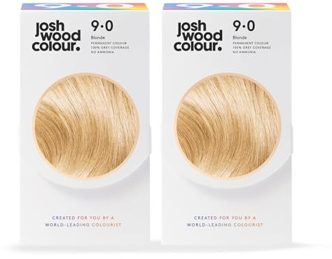 Josh Wood Colour Permanent Hair Dye, 9.0 Blonde, Ammonia-Free, set of 2 | 100% grey coverage, vegan formula, shine complex for glossy hair, salon-created colour, easy root-to-tip application